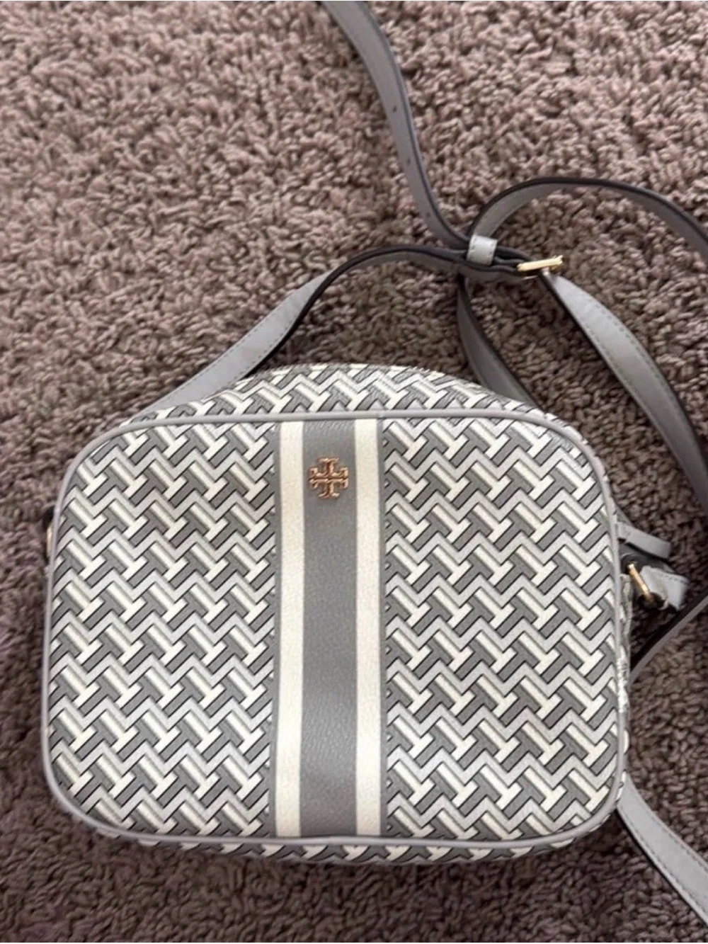 Tory Burch Grey Patterned Crossbody camera bag and Gold Logo